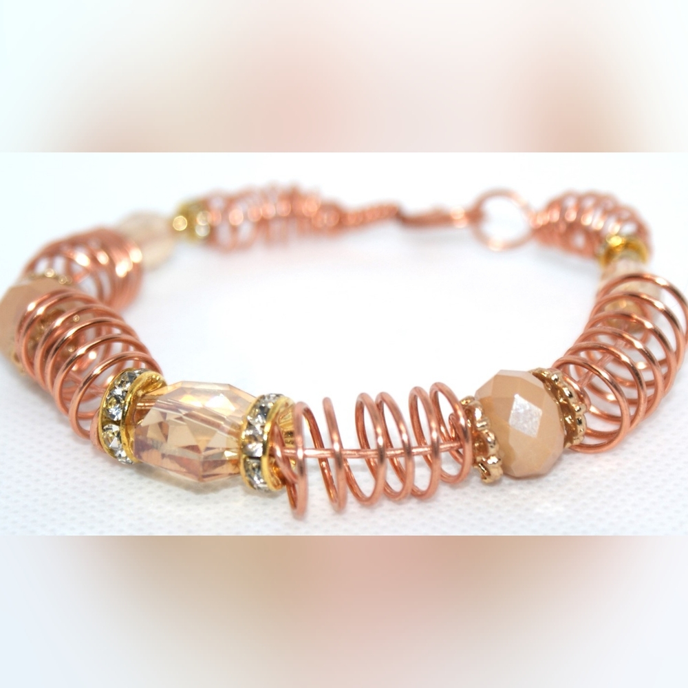 Pink flower crystal and wire wrapped bangle bracelet. BB-20-010